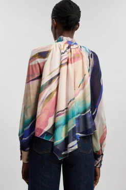 Blouse Cape En Mousseline De Soie Froissée À Imprimé Marbré