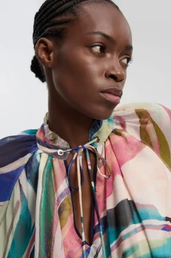 Blouse Cape En Mousseline De Soie Froissée À Imprimé Marbré