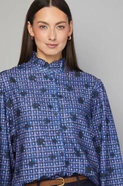 Blouse à Carreaux avec Col à Volants et Boutons