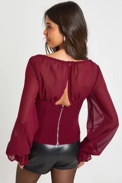 boohoo Blouse à col haut en crêpe de chiffon<Femme Tops|Looks Bordeaux
