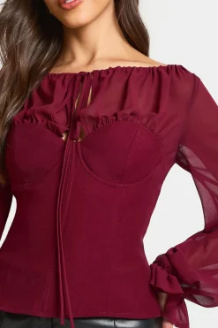 boohoo Blouse à col haut en crêpe de chiffon<Femme Tops|Looks Bordeaux