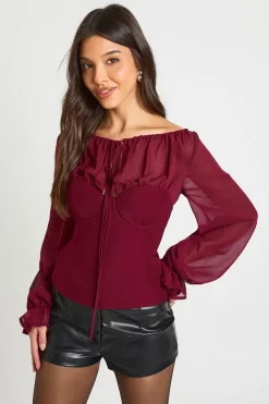 boohoo Blouse à col haut en crêpe de chiffon<Femme Tops|Looks Bordeaux