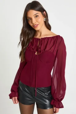 boohoo Blouse à col haut en crêpe de chiffon<Femme Tops|Looks Bordeaux