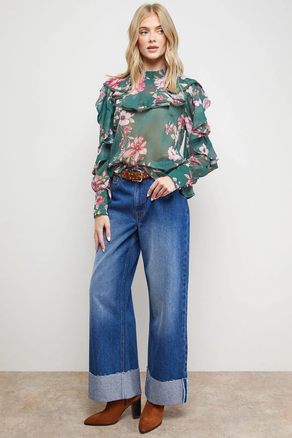 Blouse Col Montant à Empiècement Volants Imprimée