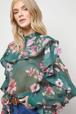 Blouse Col Montant à Empiècement Volants Imprimée