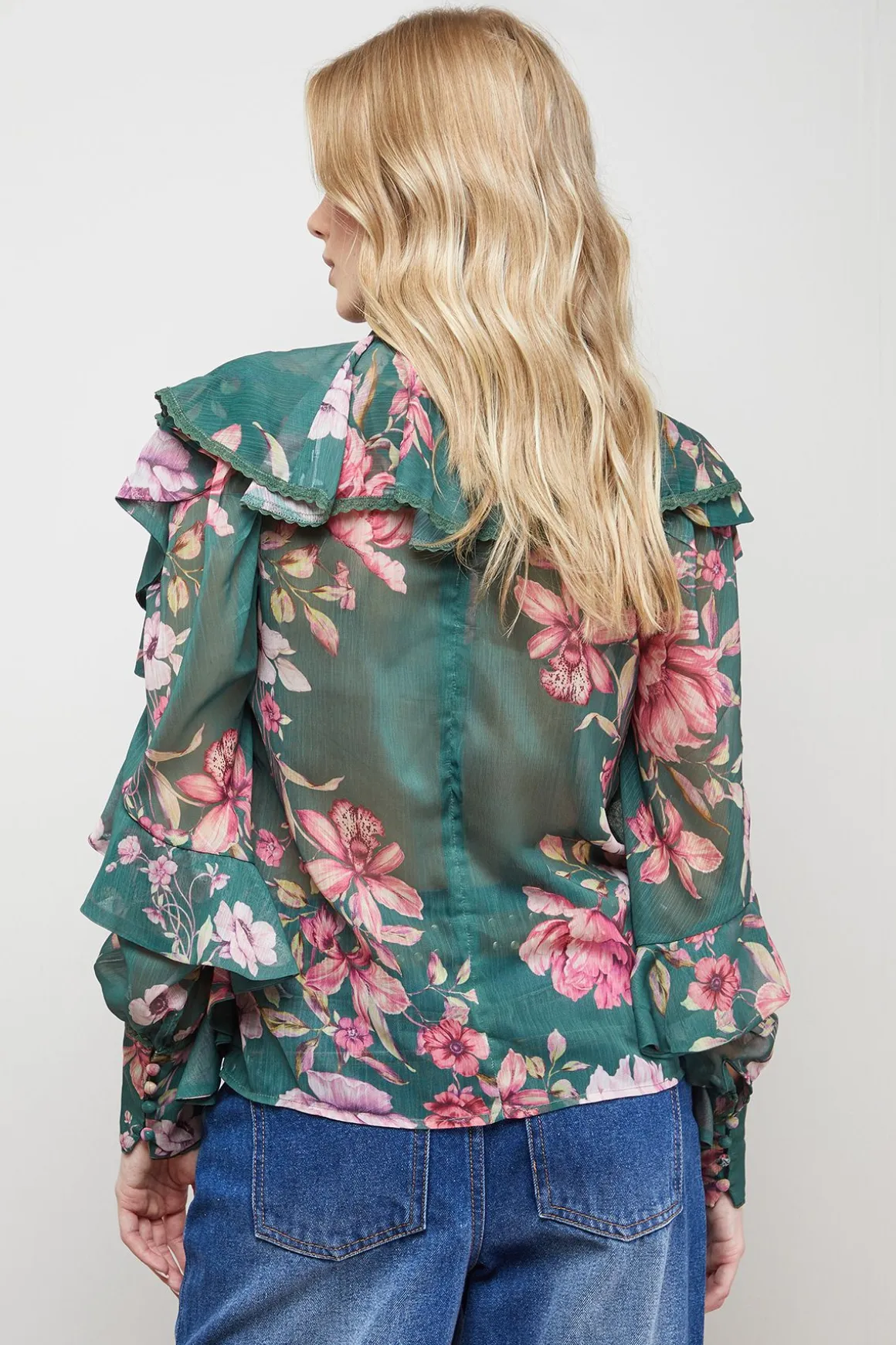 Blouse Col Montant à Empiècement Volants Imprimée