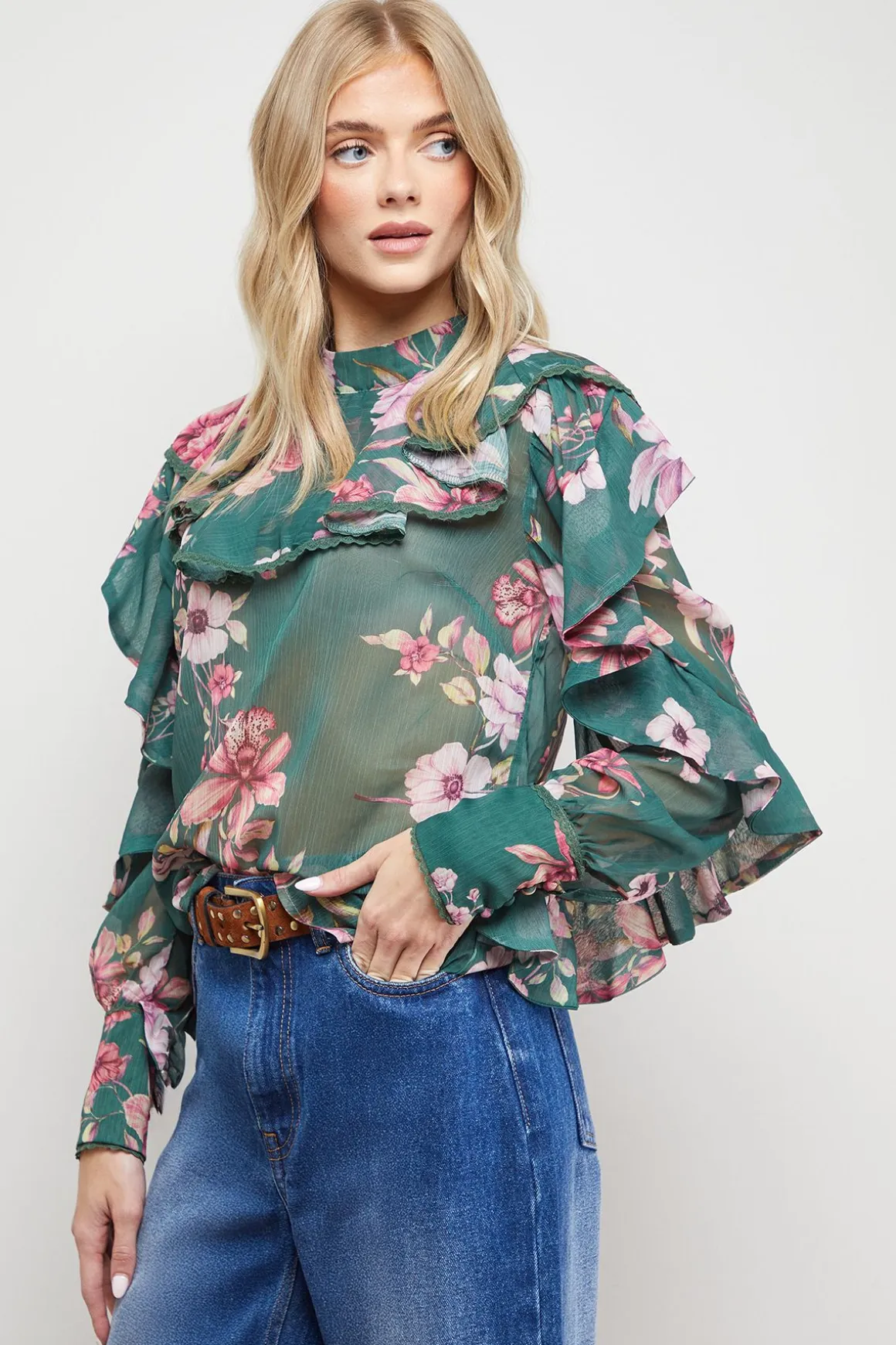 Blouse Col Montant à Empiècement Volants Imprimée