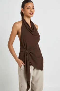 Blouse Drapée Col Bénitier Dos Nu Avec Liens Latéraux À Nouer Et Tissu Martelé