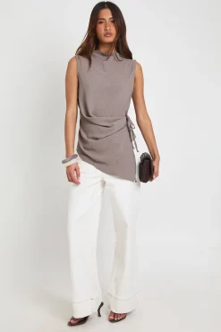 Blouse Drapée À Col Bénitier Haut Avec Nœud Latéral En Tissu Martelé