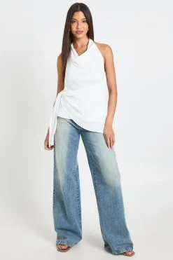 boohoo Blouse Drapée Col Bénitier Licou Avec Nœud Latéral En Tissu Martelé<Femme Tops