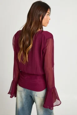 Blouse en chiffon à manches flûte enveloppante