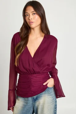 Blouse en chiffon à manches flûte enveloppante