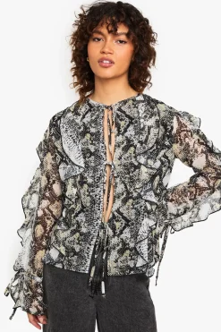 Blouse en chiffon à nouer à l'avant, imprimé synthétique