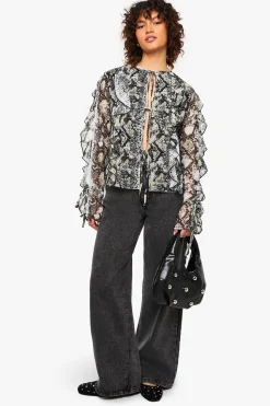 Blouse en chiffon à nouer à l'avant, imprimé synthétique