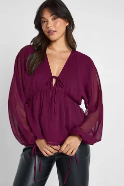 boohoo Blouse en chiffon à nouer sur le devant avec volume<Femme Tops