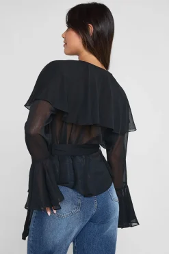 Blouse en chiffon à volants et à nouer à la taille
