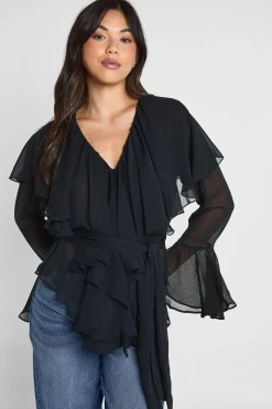 Blouse en chiffon à volants et à nouer à la taille