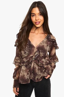 Blouse en chiffon à volants léopard