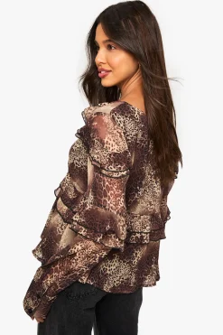 Blouse en chiffon à volants léopard
