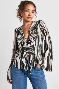 boohoo Blouse en chiffon zébré à décolleté plongeant, à nouer à l'avant<Femme Zebra Print|Tops