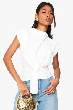Blouse en crêpe à nœud et col drapé