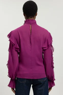Blouse en Georgette Froissée à Volants avec Nœud Lavallière