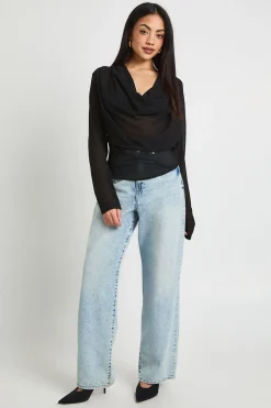 Blouse En Mousseline À Col Bénitier Et Manches Longues
