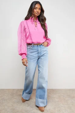 Blouse en Mousseline à Col Noué avec Détails Volantés