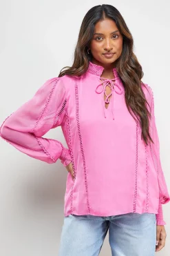 Blouse en Mousseline à Col Noué avec Détails Volantés