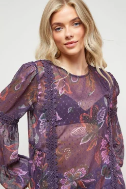 Oasis Blouse en Mousseline Dobby Imprimée avec Détails en Dentelle<Femme Tops D’Automne|Satin Et Dentelle