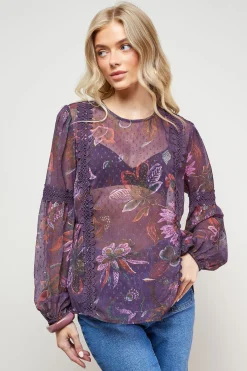 Oasis Blouse en Mousseline Dobby Imprimée avec Détails en Dentelle<Femme Tops D’Automne|Satin Et Dentelle