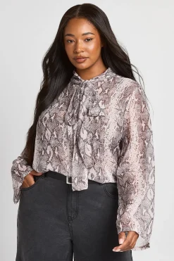 Blouse En Mousseline Grande Taille À Imprimé Synthétique Avec Col Haut Et Foulard