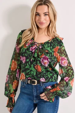 Blouse en Mousseline Imprimée à Manches Longues avec Volants et Nœud Devant