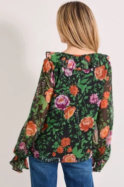 Blouse en Mousseline Imprimée à Manches Longues avec Volants et Nœud Devant