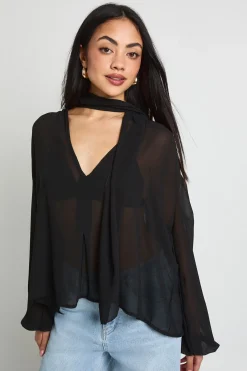 boohoo Blouse En Mousseline À Manches Volumineuses Avec Foulard<Femme Tops
