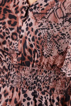 Blouse en Mousseline à Manches Longues Imprimé Animal avec Taille Froncée et Boutonnage Devant