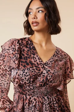 Blouse en Mousseline à Manches Longues Imprimé Animal avec Taille Froncée et Boutonnage Devant