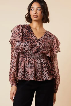 Blouse en Mousseline à Manches Longues Imprimé Animal avec Taille Froncée et Boutonnage Devant
