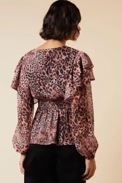 Blouse en Mousseline à Manches Longues Imprimé Animal avec Taille Froncée et Boutonnage Devant