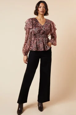 Blouse en Mousseline à Manches Longues Imprimé Animal avec Taille Froncée et Boutonnage Devant