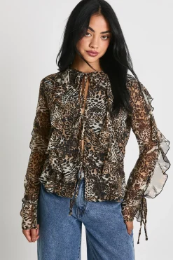 boohoo Blouse en mousseline à nouer sur le devant avec imprimé léopard<Femme Imprimé Léopard|Tops D’Automne