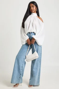Blouse En Mousseline À Épaules Dénudées Et Manches Volumineuses