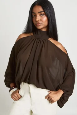 Blouse En Mousseline À Épaules Dénudées Et Manches Bouffantes