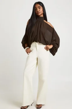 Blouse En Mousseline À Épaules Dénudées Et Manches Bouffantes