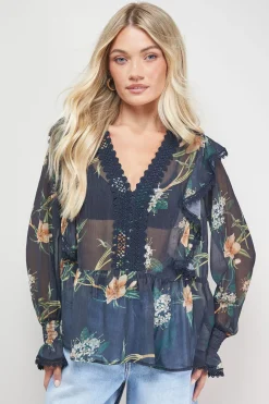 Blouse en Mousseline Transparente Imprimée à Détails Volantés