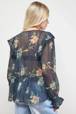 Blouse en Mousseline Transparente Imprimée à Détails Volantés