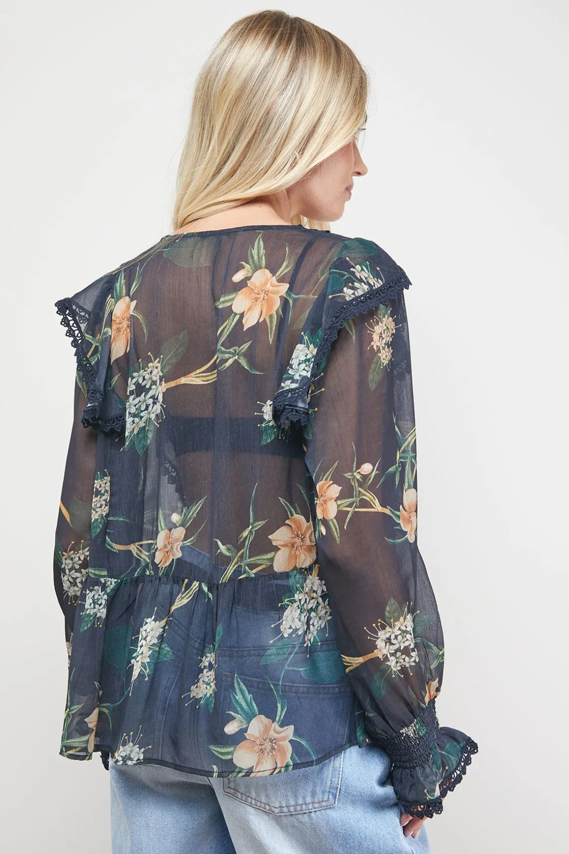 Blouse en Mousseline Transparente Imprimée à Détails Volantés
