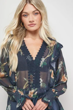 Blouse en Mousseline Transparente Imprimée à Détails Volantés