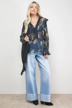 Blouse en Mousseline Transparente Imprimée à Détails Volantés