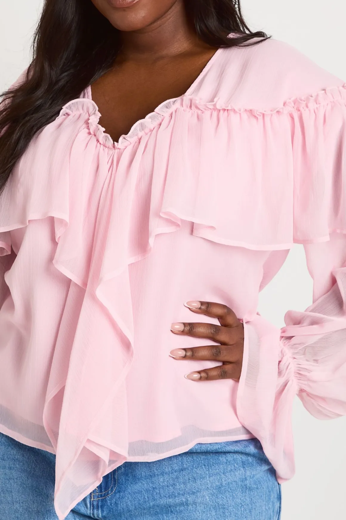 Blouse En Mousseline À Volants Devant Grande Taille